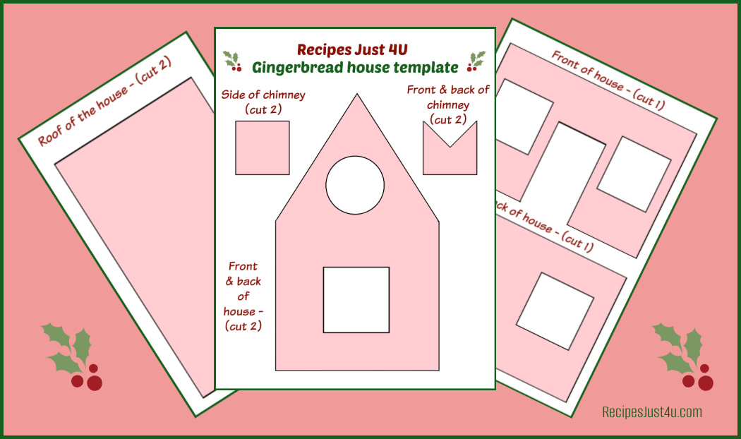 Get a free gingerbread house template A gingerbread house template printable showing front, sides, roof and chimney pieces fanned out to show details.
