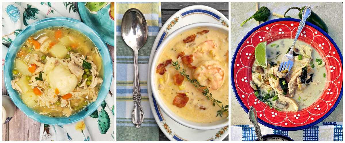 A collage of three hearty fall soup recipes, from left to right they are a chicken dumpling soup, corn chowder and tom kha soup.