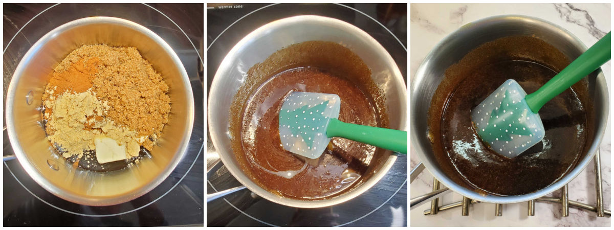 Cook the wet ingredients A collage showing how to heat the wet ingredients for gingerbread house dough, including ingredients in pot, stirring batter when cooked, and the finished molasses and butter mixture.