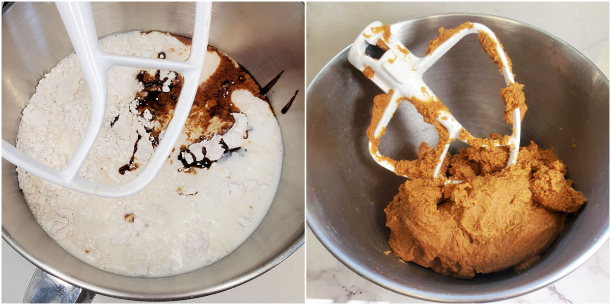 The dough will be very thick and sticky! A collage with pictures of wet and dry ingredients for gingerbread house dough in a mixing bowl, and the finished dough with the beater sitting in it.