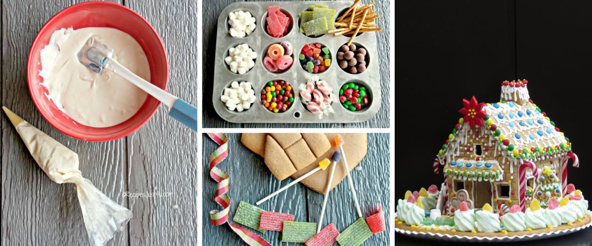 More holiday inspiration. A collage showing pictures of royal icing, gingerbread house candy and a finished gingerbread house.