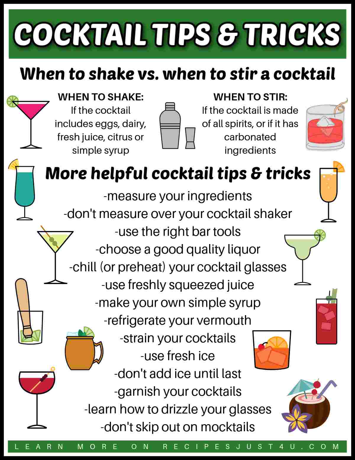 A cocktails tips and tricks printable, with 15 different tips to make a great cocktail, along with tiny vector images of different cocktails.