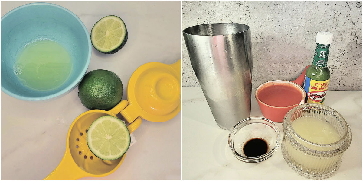 A collage with images of juiced limes and ingredients to make the mixer for the Michelada recipe.