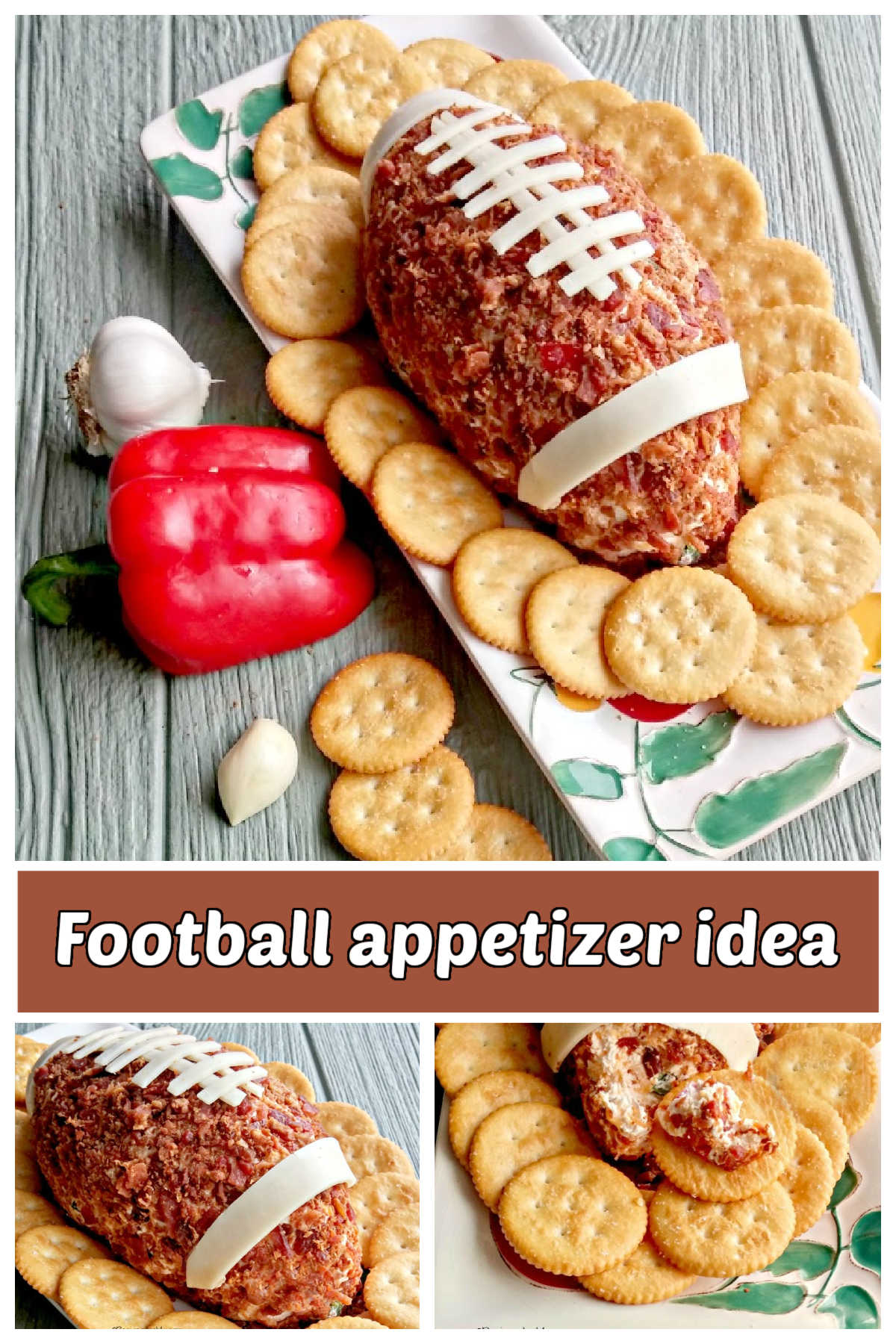 How to Make a Football Cheese Ball for Game Day A football shaped cheese ball with close up photos in a collage. Brown text box reads football appetizer idea.