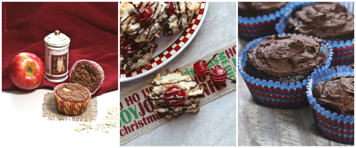 Apple cinnamon muffins, cherry chocolate macarooms and dark chocolate frosted cupcakes in a collage.