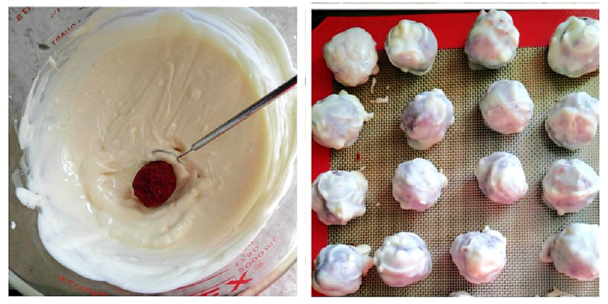A collage showing the process for making white chocolate cheesecake truffles with a dipping tool.