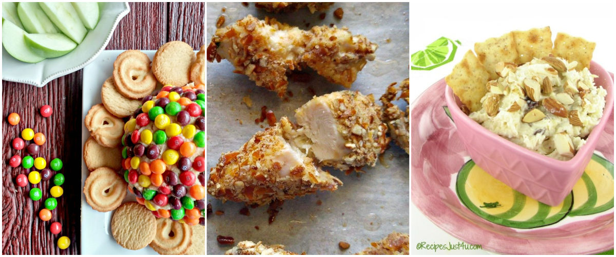 More party appetizers - Skittles dip, paprika chicken appetizer and sweet cream cheese dip in a collage.