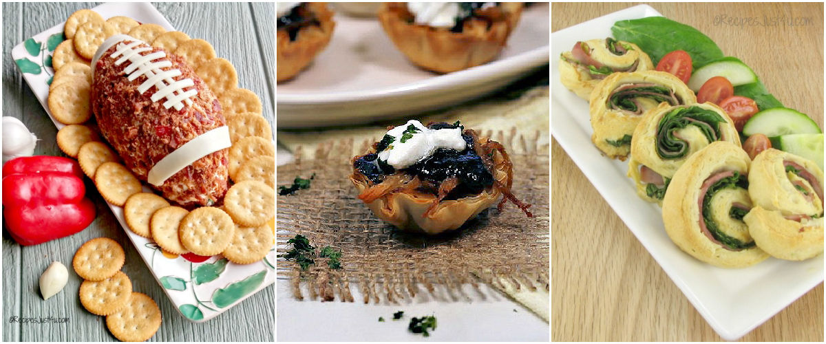 Football cheese ball dip, pulled pork bites, and ham and cheese pinwheels in a collage.