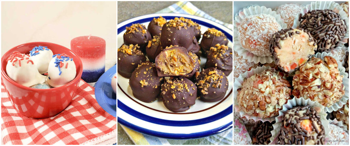 4th of jJuy cake balls, Butterfinger truffles and candy corn truffles in a collage.