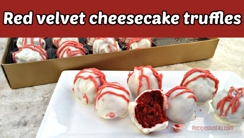 Cake pop truffles on a white plate and box in background. Red text box reads red velvet cheesecake truffles.