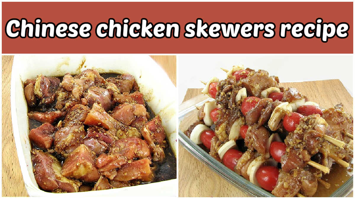 Chicken pieces marinating in a dish and finished Chinese chicken skewers photos in a collage.