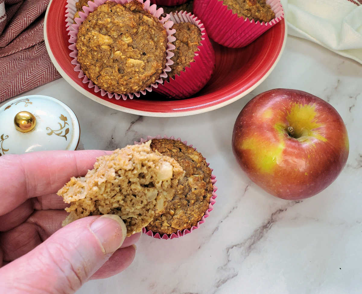 Hand holding a piece of an apple cinnamon muffin.