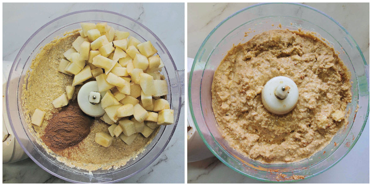 Apple cinnamon muffin batter in a food processor.
