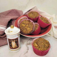 Apple oatmeal muffins with yogurt in a red bowl with a jar of cinnamon.