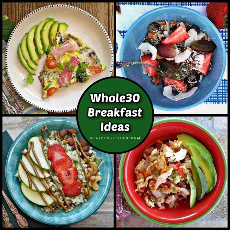 A green circle with white text that says Whole30 breakfast ideas in the center of a collage of four pictures showing breakfast ideas for whole30 including a bacon frittata, a mueseli bowl, a chicken hash bowl and an apple coconut breakfast bowl.