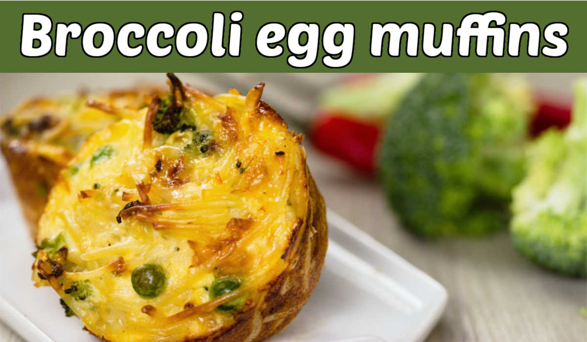 Large egg muffins on a white plate next to some broccoli florets. Green text reads Broccoli egg muffins. 