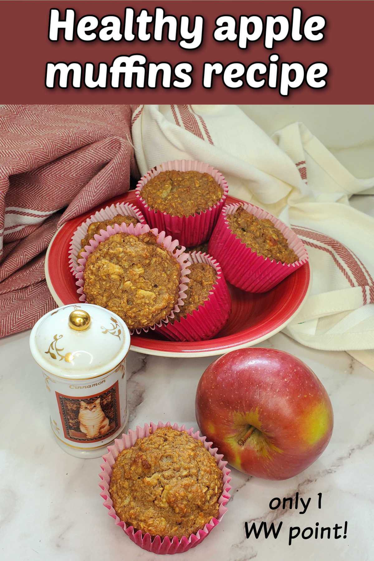 Healthy apple muffins recipe - (only 1 WW point!) with an apple and jar of cinnamon.
