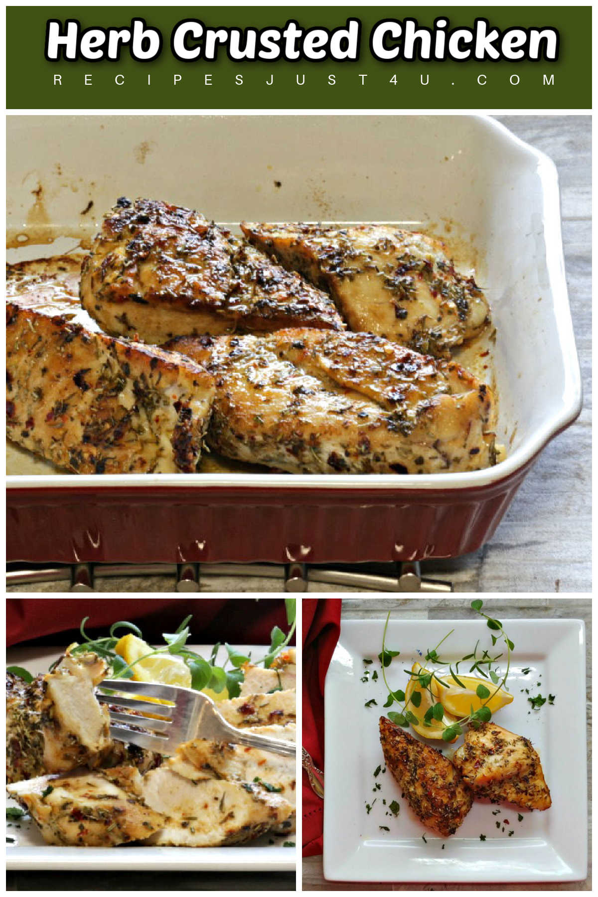 How to make Herb-Crusted Chicken Breasts. Pictures of herb crusted chicken breasts in a casserole dish and on serving plates.