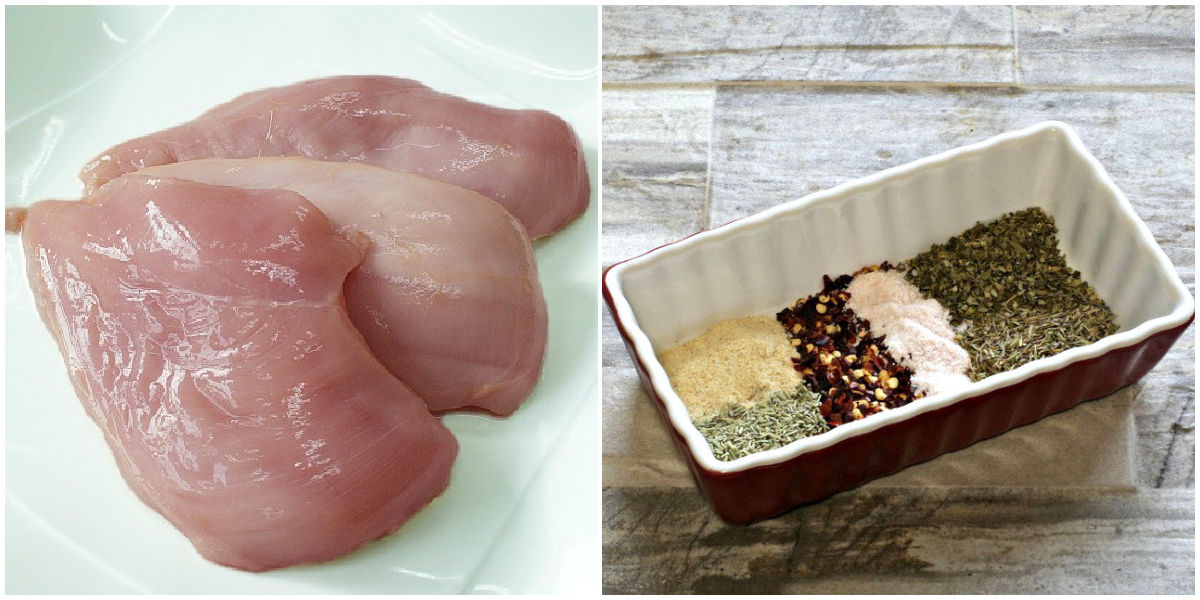 Boneless, skinless chicken breasts next to a red container of dried herbs.