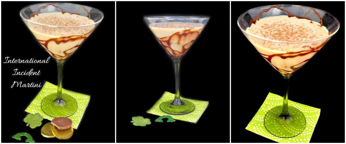 A collage showing close up photos of an International Incident Martini.