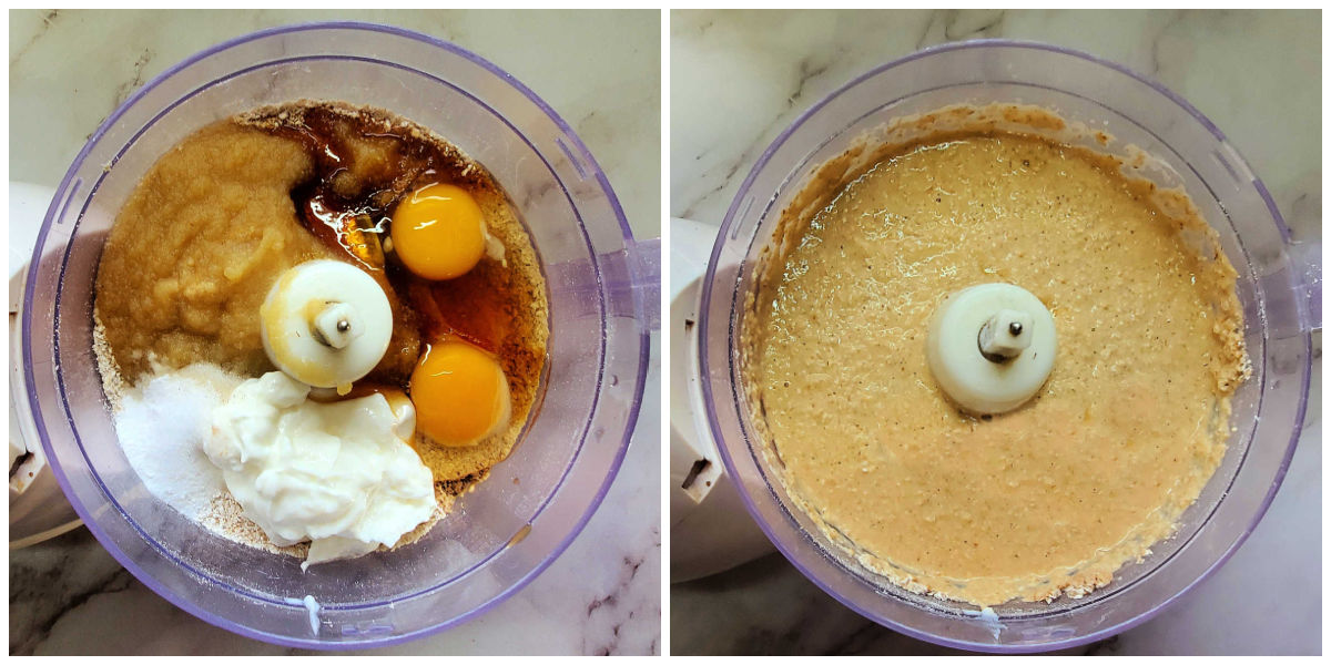 A collage with two images showing how to make gluten-free apple muffins batter in a food processor.