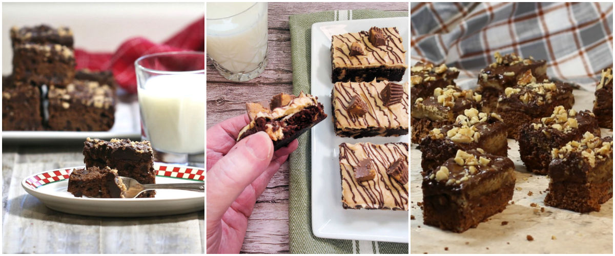 Heath bar brownies with chocolate ganache, chocolate brownies with peanut butter frosting, glazed cookie dough brownies.