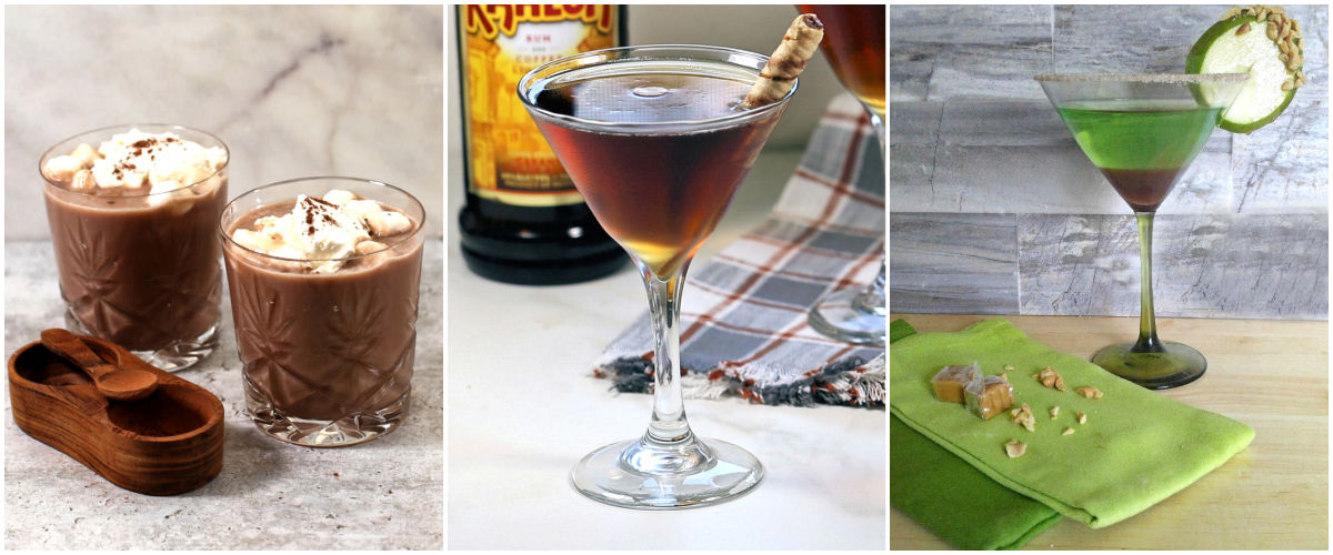 Baileys After 8 cocktail, coffee martini, and caramel apple martini pictured in a collage.