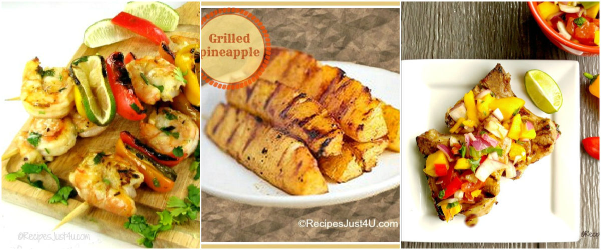Shrimp skewers, barbecued pineapple and pork with mango salsa.