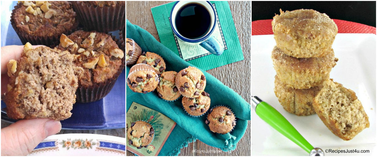 Paleo muffins, chocolate chip muffins and vegan muffins in a collage.