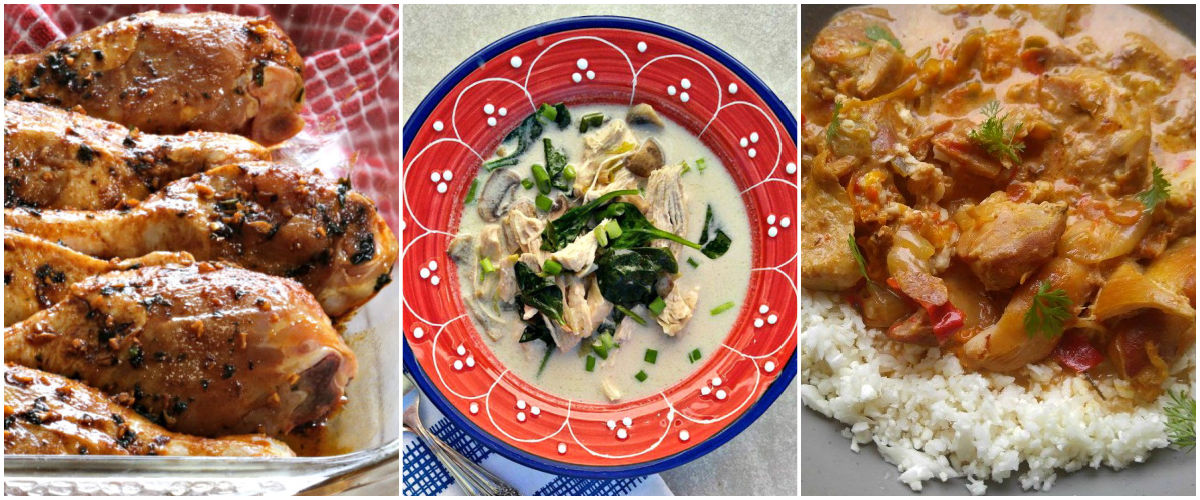 Paprika chicken legs, Tom Kah Gai and Curried chicken in a collage of paleo chicken recipes.