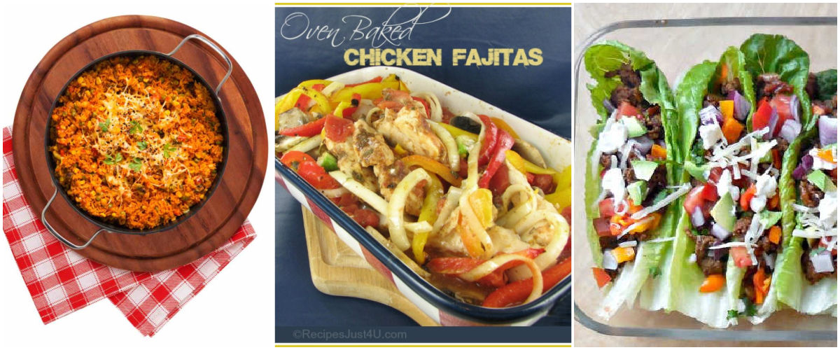 Mexican-inspired-recipes including-Spicy Mexican rice, Oven-baked chicken fajitas, and healthy lettuce taco wraps.