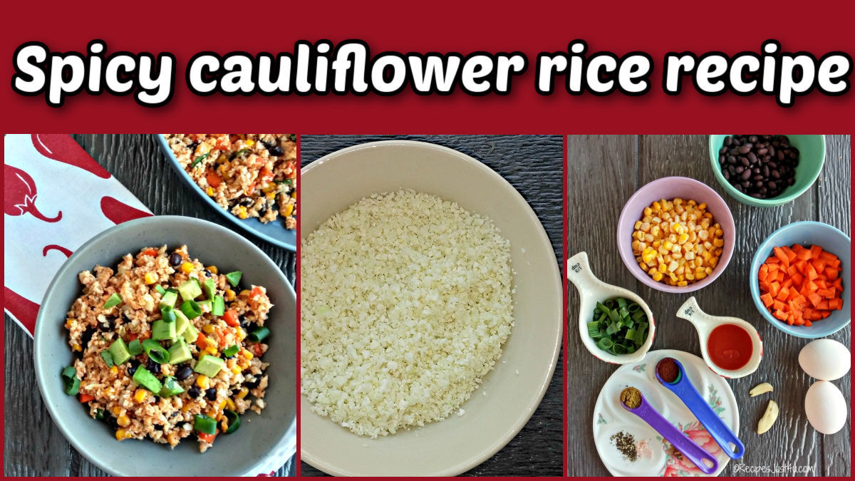 Spicy cauliflower rice recipe showing grated cauliflower and ingredients.