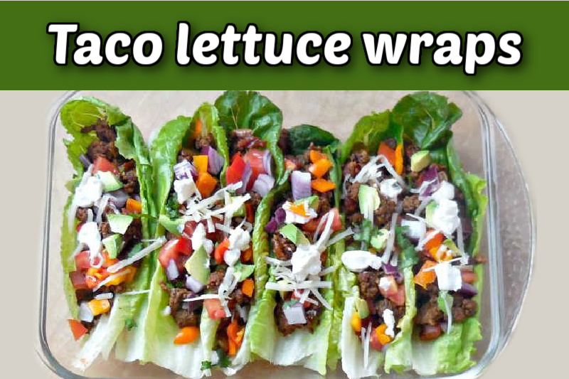 Taco lettuce wraps with toppings in a glass serving dish.