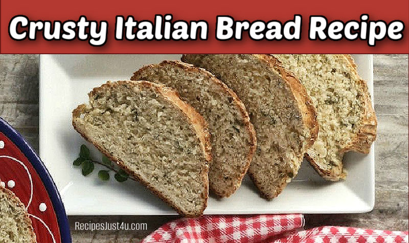 Crusty Italian bread recipe on a white plate, cut into slices.