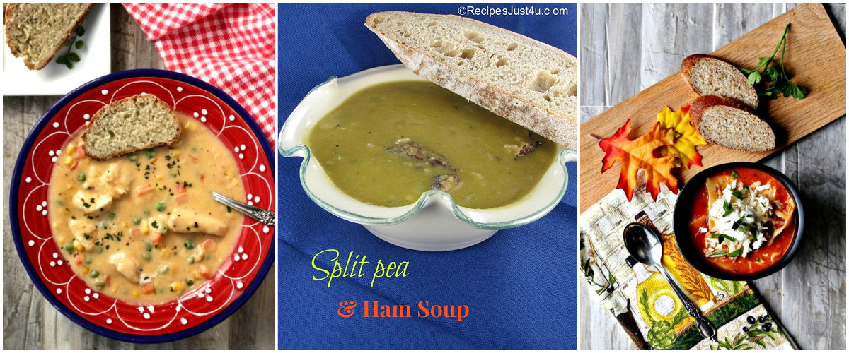 Pictures of three different soup recipes to serve with crusty Italian bread.