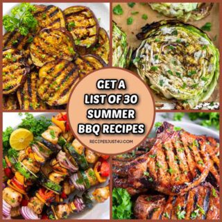 A peach circle with text that reads get a list of 30 summer bbq recipes in the center of a collage of four photos of grill ideas for summer including grilled eggplant, grilled cabbage, pork chops, and veggie skewers.