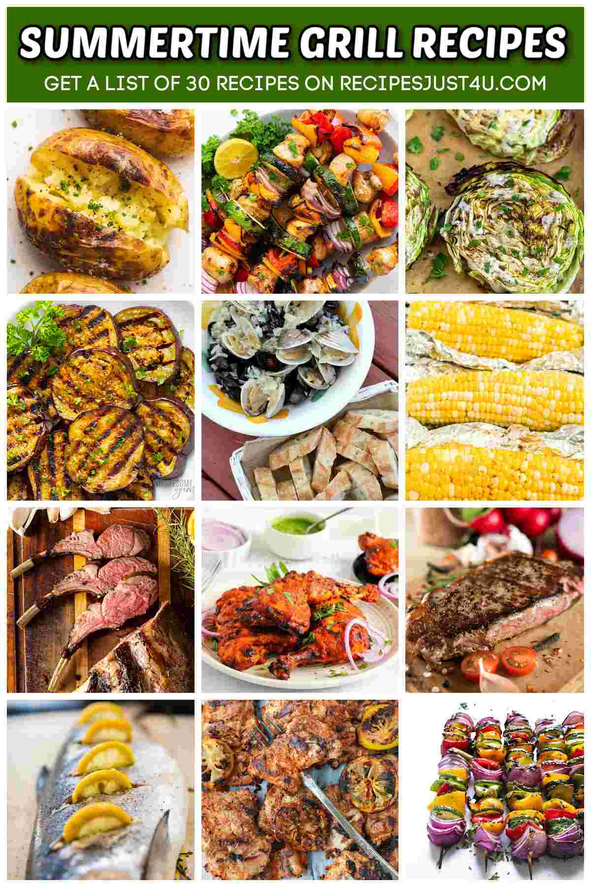 A green rectangle with text that reads summertime grill recipes in white letters above 12 photos of different summer bbq recipes including baked potatoes, veggie skewers, cabbage, eggplant, oysters, corn, lamb, Tandori chicken, beef, a whole fish, Aleppo chicken and chicken skewers.