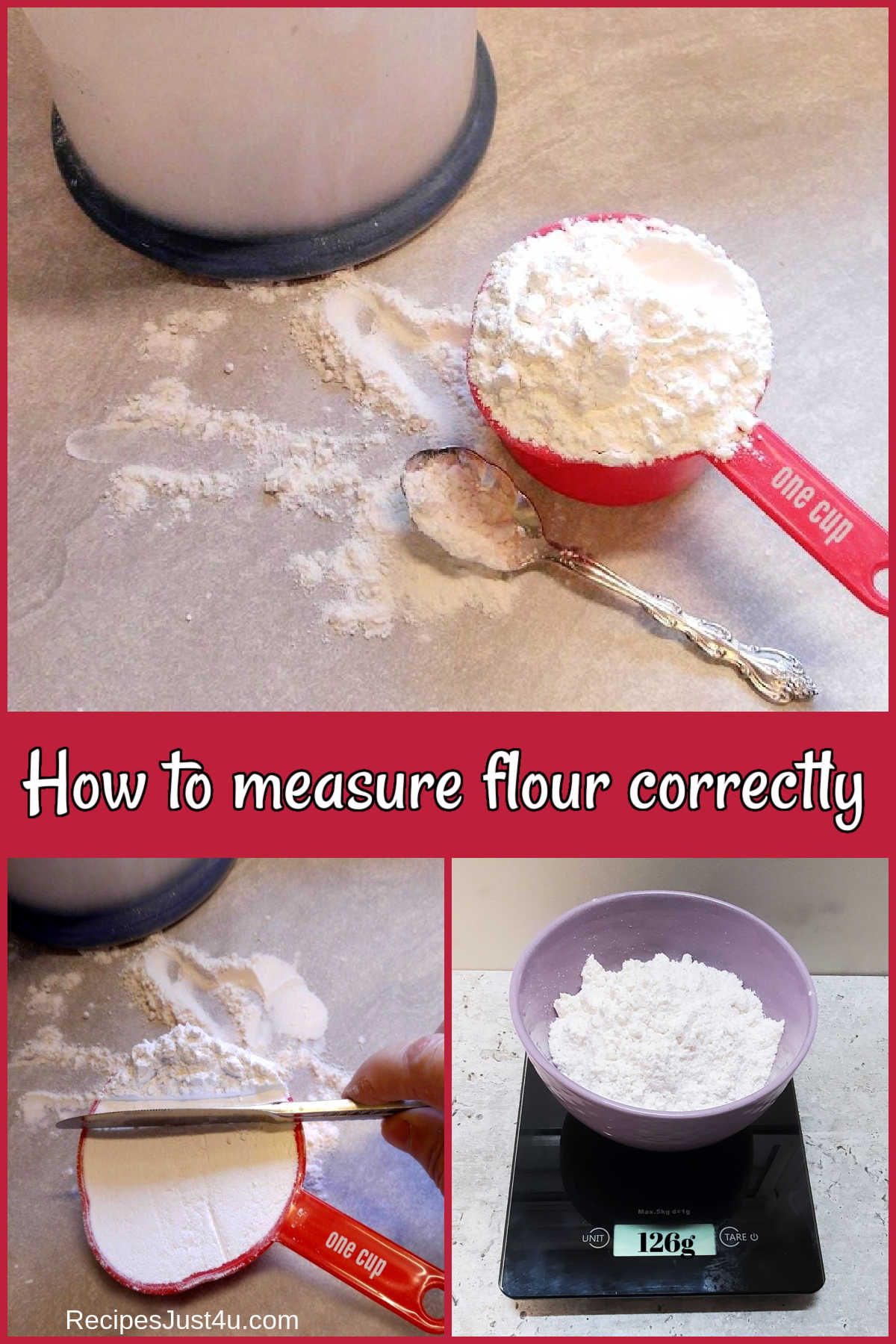 Flour in a cup and in a bowl on a scale with words how to measure flour correctly.