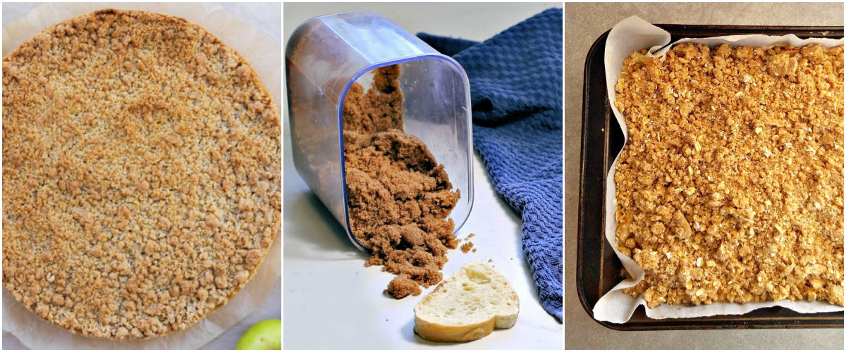 Collage showing baking tips: making a crumb crust, softening brown sugar, and making a streusel topping.