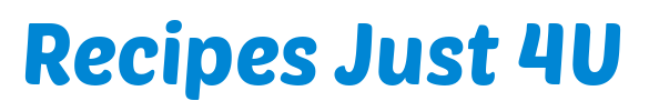 Large blue bubble lettering that says Recipes Just 4U on a transparent background.